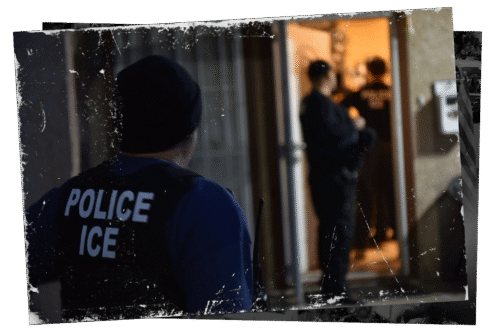 Traumatic ICE raid viewed over an agent's shoulder, depicted as photo layered on top of another photo of protesters.
